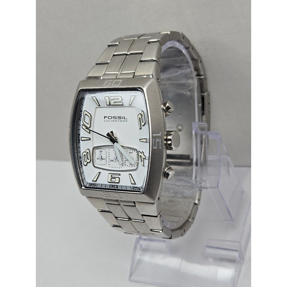 Mens Fossil 41mm Chrono Silver Watch Stainless Steel White Dial 100M New Battery - Picture 2 of 11
